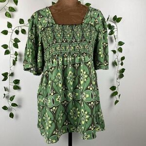 Vintage Faded Glory y2k Green Floral Smocked Blouse square neck babydoll 2000s